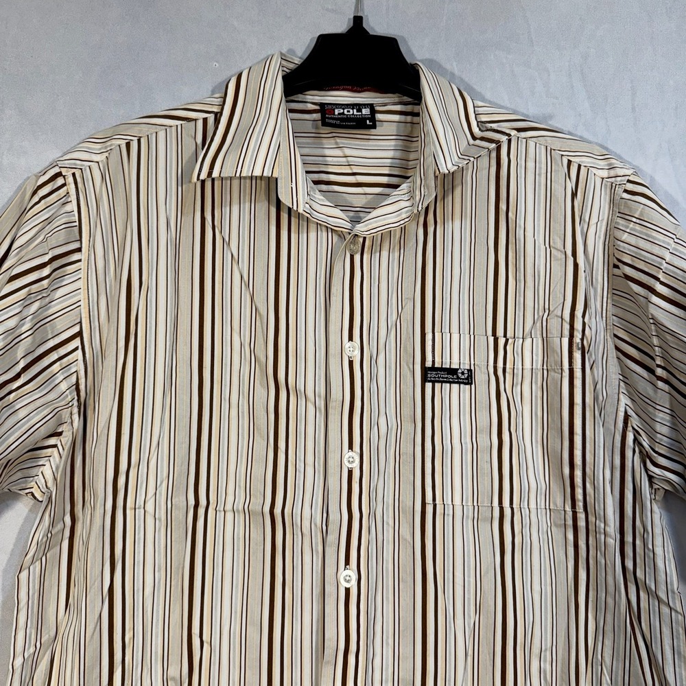 southpole Mens Short Sleeve Button Up Short Beige Vertical Striped Shirt L